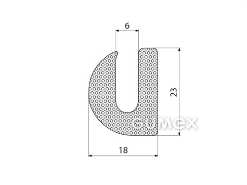 Pryžový mikroporézní profil tvaru "U", 23x18/6mm, hustota 500kg/m3, EPDM, -30°C/+80°C, černý